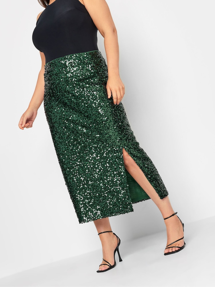 Yours Curve Green London Sequin Tube Skirt - Image 1 of 1