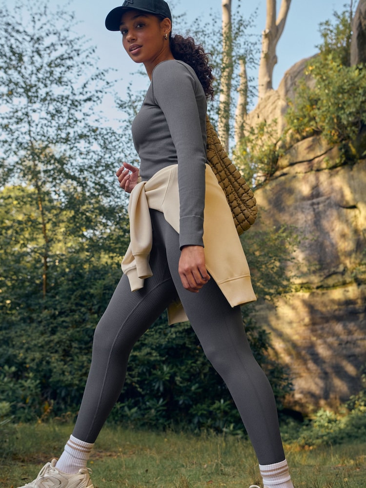Slate Grey Ribbed Seamless High Waist Leggings - Image 1 of 7