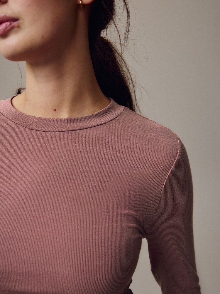 Mauve Soft Touch Ribbed Long Sleeve T-Shirt with TENCEL™ Lyocell - Image 5 of 5