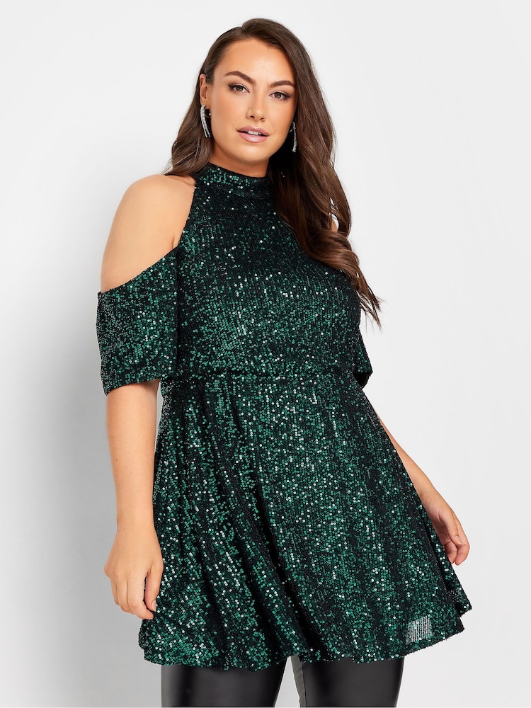 Yours Curve Green London Sequin Choker Cold Shoulder Top - Image 1 of 1