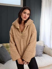 Neutral Borg Fleece Funnel Neck Half Zip Top - Image 1 of 8