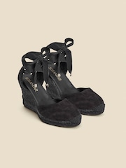 Sosandar Black Suede Wedge Espadrilles With Gold Trim - Image 2 of 5