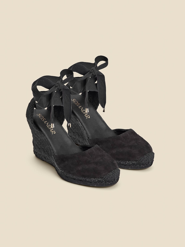 Sosandar Black Suede Wedge Espadrilles With Gold Trim - Image 2 of 5