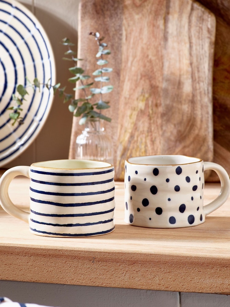 Set of 2 Navy Blue Spot and Stripe Mugs - Image 1 of 5