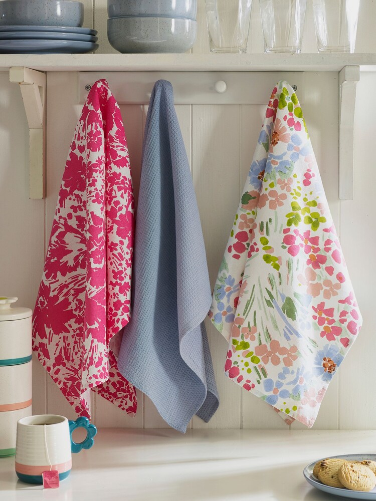 Set of 3 Pink Lisse Floral Print 100% Cotton Tea Towels - Image 1 of 4