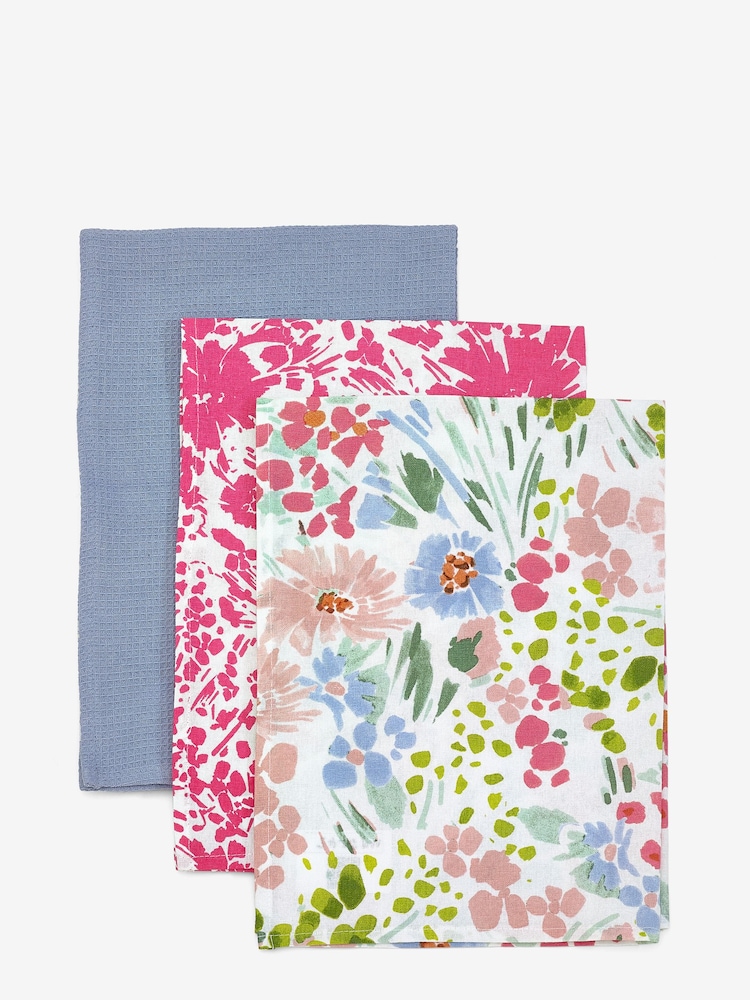 Set of 3 Pink Lisse Floral Print 100% Cotton Tea Towels - Image 4 of 4