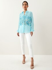 Blue Floral Placement Print Long Sleeve Sheer Shirt - Image 1 of 5