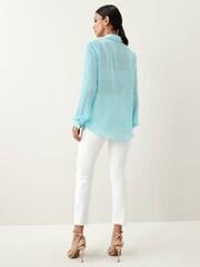 Blue Floral Placement Print Long Sleeve Sheer Shirt - Image 2 of 5