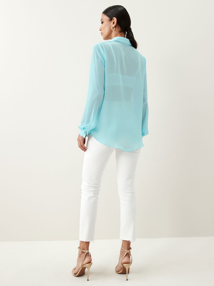 Blue Floral Placement Print Long Sleeve Sheer Shirt - Image 2 of 5