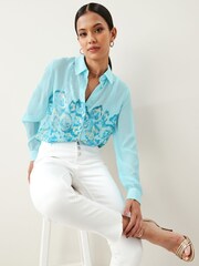 Blue Floral Placement Print Long Sleeve Sheer Shirt - Image 3 of 5