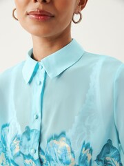 Blue Floral Placement Print Long Sleeve Sheer Shirt - Image 4 of 5