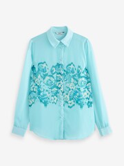 Blue Floral Placement Print Long Sleeve Sheer Shirt - Image 5 of 5