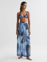 Reiss Blue Print Ginnie Sheer Wide Leg Trousers - Image 1 of 5