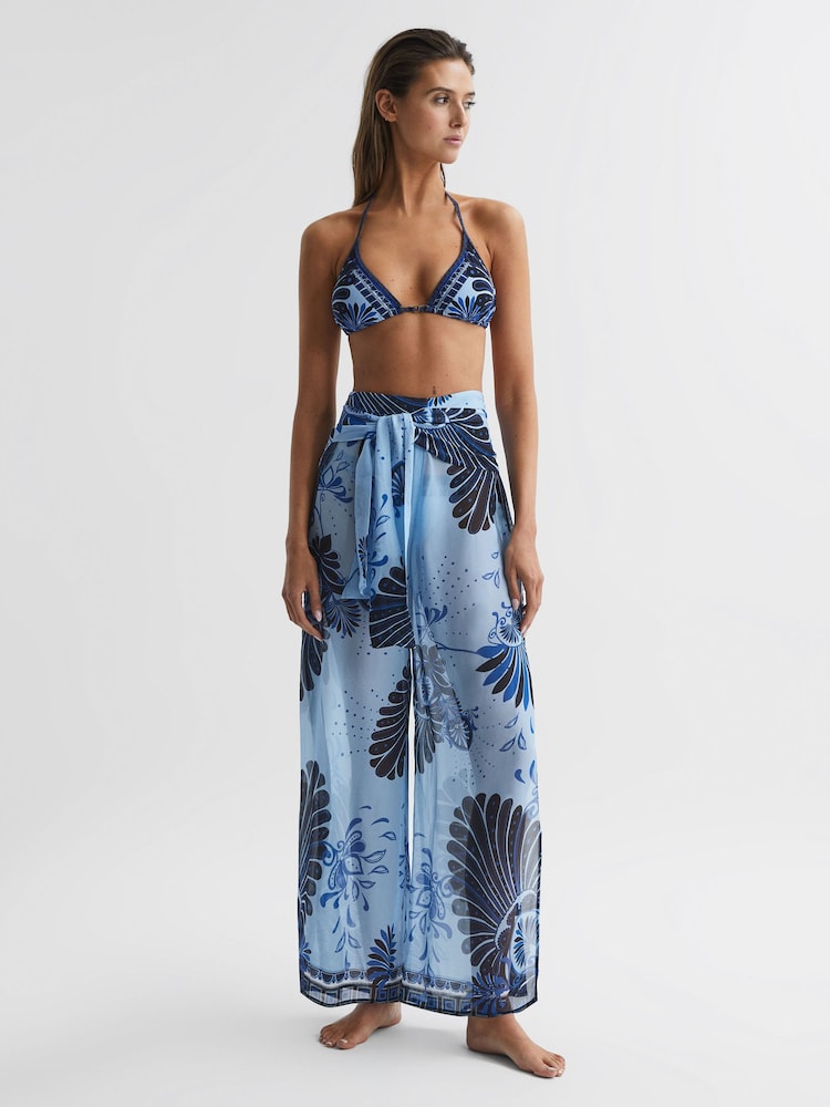 Reiss Blue Print Ginnie Sheer Wide Leg Trousers - Image 1 of 5
