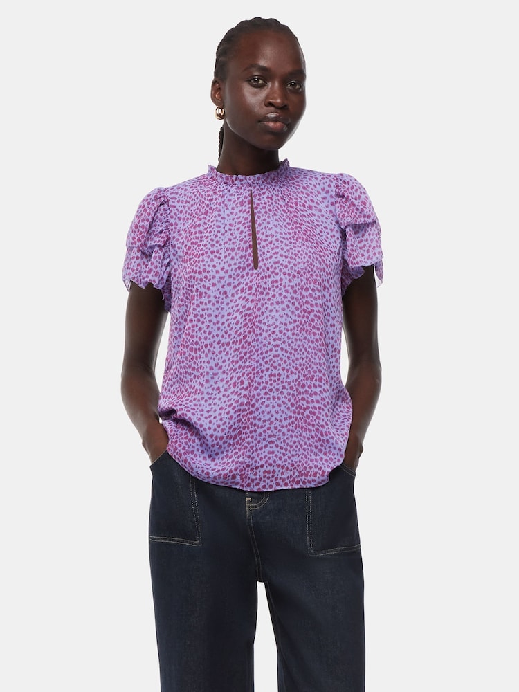Whistles Purple Sketched Cheetah Print Frill Top - Image 1 of 4