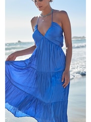 Cobalt Blue Halter Neck Satin Maxi Dress - Image 1 of 3
