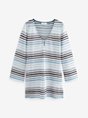 Gestreift, Blau - Strand-Ponchokleid aus Häkelstrick - Bild 5 von 6