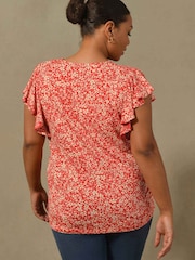 Live Unlimited Curve Red Ditsy Print Frill Sleeveless Jersey Top - Image 3 of 4