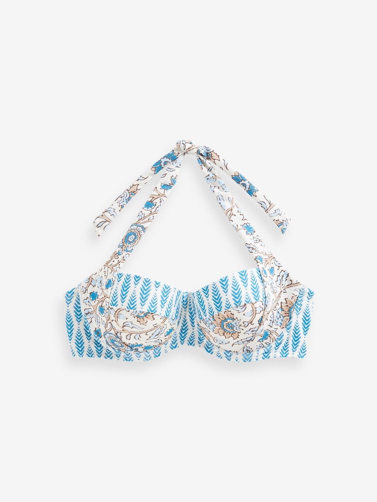 Blue/Ecru Woodblock Shaping Padded Multiway Wired Bandeau Bikini Top - Image 6 of 6