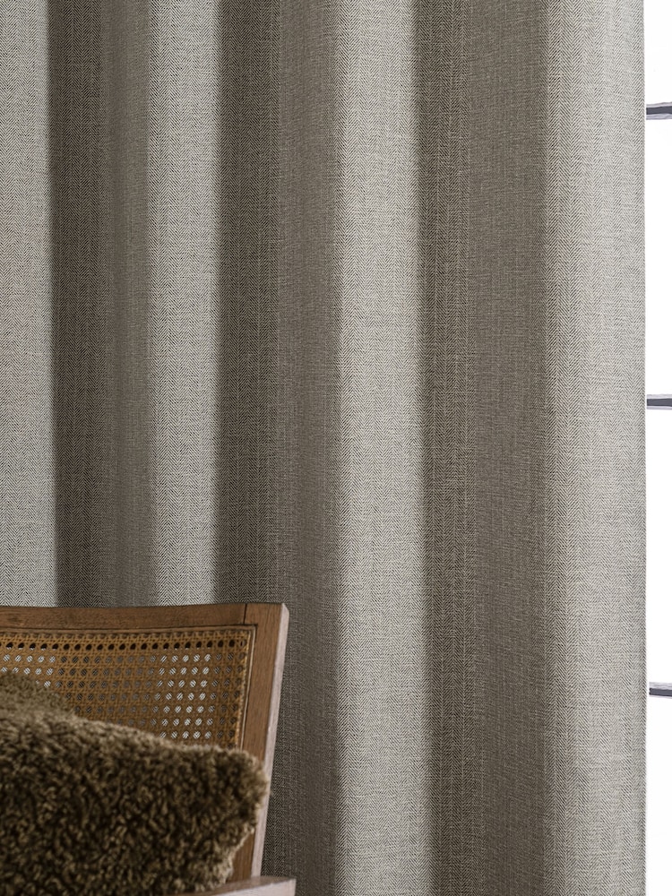 Grey Herringbone Weave Lined Eyelet Curtains - Image 3 of 7