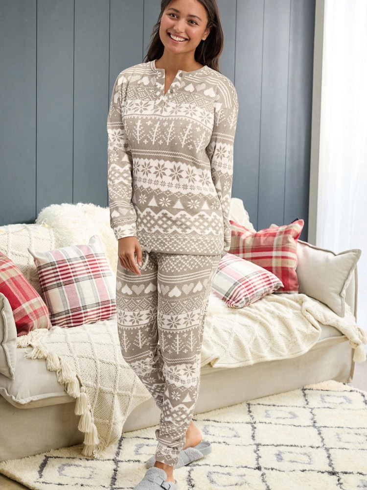 Grey Fairisle Pattern Waffle Cotton Long Sleeve Pyjamas - Image 2 of 11