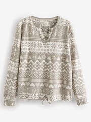 Grey Fairisle Pattern Waffle Cotton Long Sleeve Pyjamas - Image 9 of 11