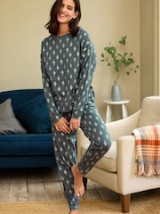 Blue Foil Leaves Cotton Long Sleeve Pyjamas - Image 2 of 8