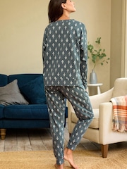 Blue Foil Leaves Cotton Long Sleeve Pyjamas - Image 3 of 8
