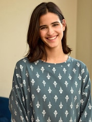 Blue Foil Leaves Cotton Long Sleeve Pyjamas - Image 4 of 8