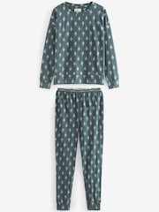 Blue Foil Leaves Cotton Long Sleeve Pyjamas - Image 5 of 8