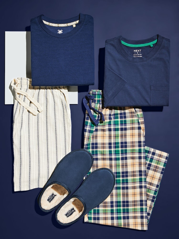 Navy Blue/Stone Natural Check Lightweight Pyjamas Set - Image 6 of 6