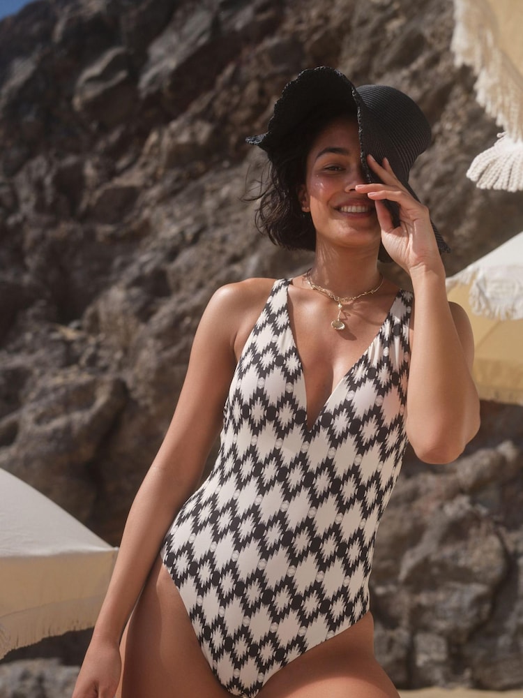 Black/Ecru White Tummy Control Plunge Swimsuit - Image 1 of 2 Black/Ecru White Tummy Control Plunge Swimsuit - Image 1 of 2