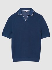 Reiss Dark Teal Ernest Open Collar Pointelle Polo T-Shirt - Image 2 of 6