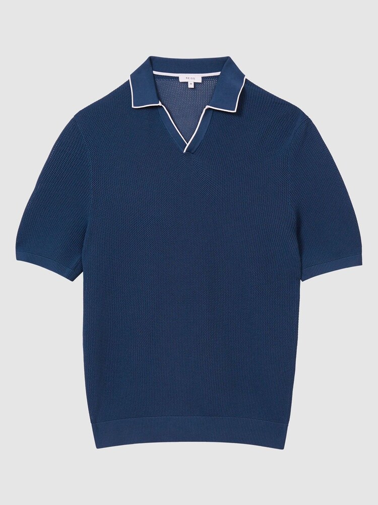 Reiss Dark Teal Ernest Open Collar Pointelle Polo T-Shirt - Image 2 of 6