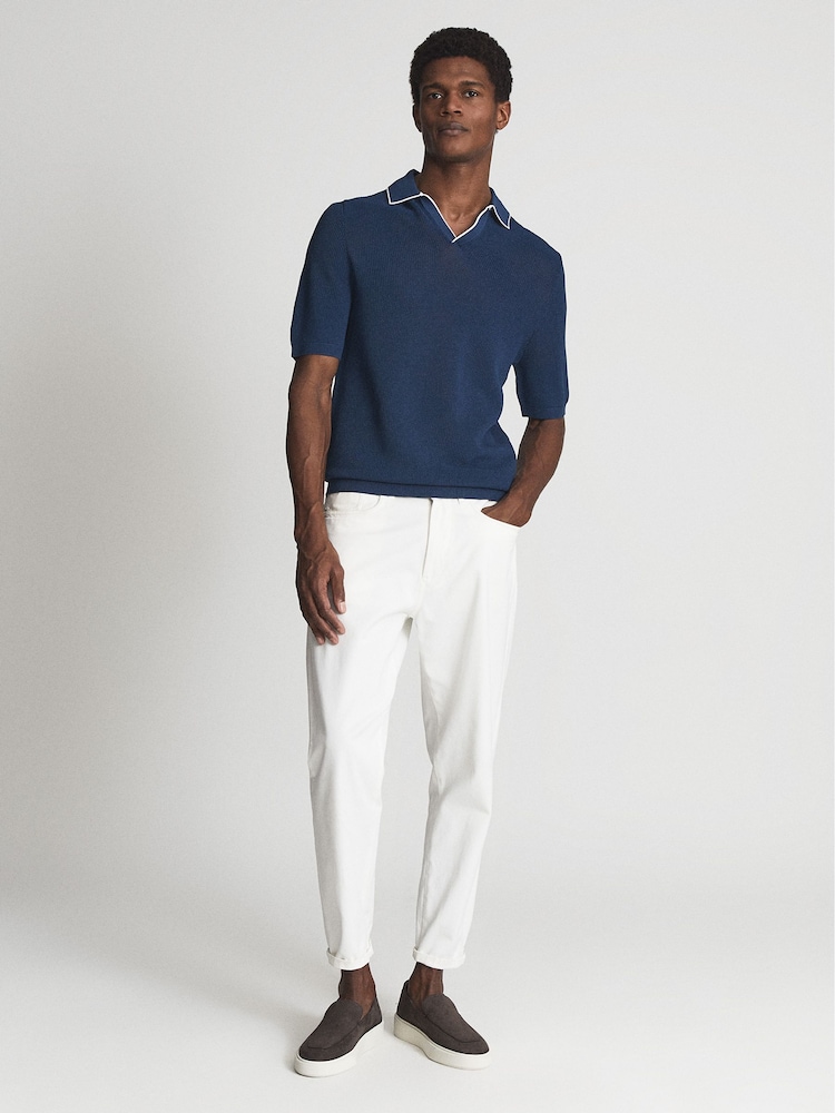 Reiss Dark Teal Ernest Open Collar Pointelle Polo T-Shirt - Image 3 of 6