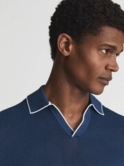 Reiss Dark Teal Ernest Open Collar Pointelle Polo T-Shirt - Image 4 of 6
