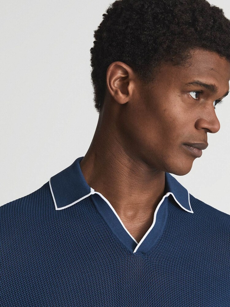 Reiss Dark Teal Ernest Open Collar Pointelle Polo T-Shirt - Image 4 of 6