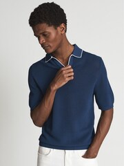 Reiss Dark Teal Ernest Open Collar Pointelle Polo T-Shirt - Image 6 of 6