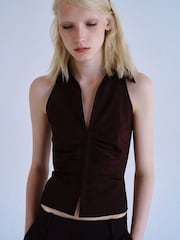 Mango Brown High Neck Embroidered Long Sleeve Blouse - Image 1 of 6