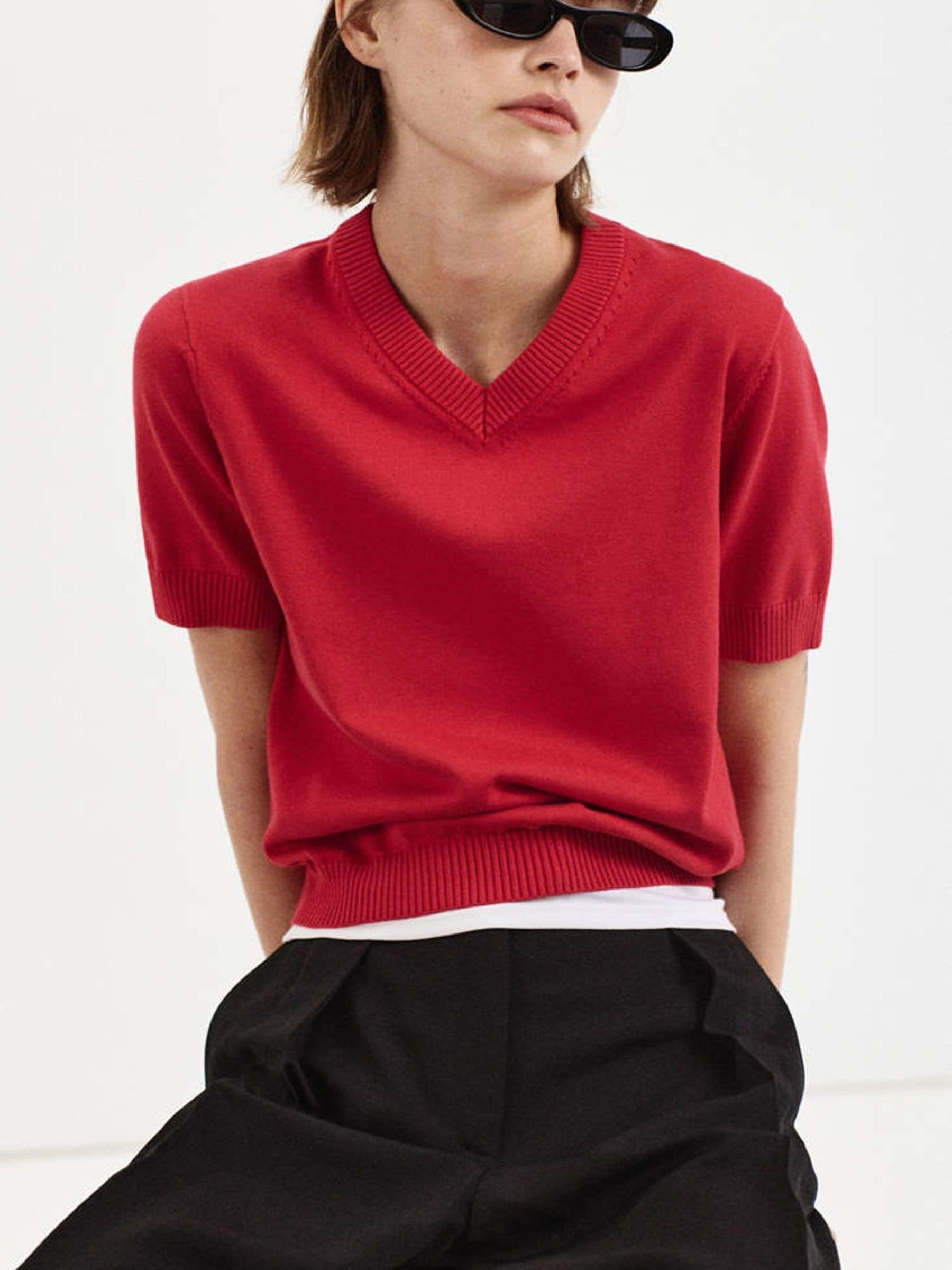 Mango Women's Red Short Sleeve V-Neck Knitted Sweater