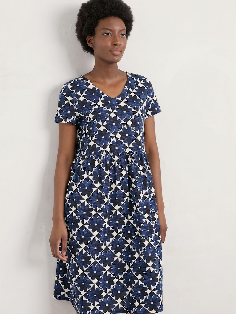 Seasalt Cornwall Blue Brush Drawing V-Neck Jersey Dress - Image 1 of 5 Seasalt Cornwall Blue Brush Drawing V-Neck Jersey Dress - Image 1 of 5