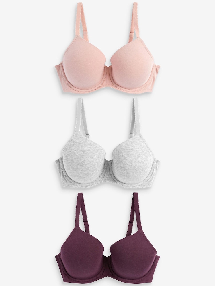 Plum Purple/Pink/Grey Marl Pad Full Cup DD+ Cotton Blend Bras 3 Pack - Image 2 of 5