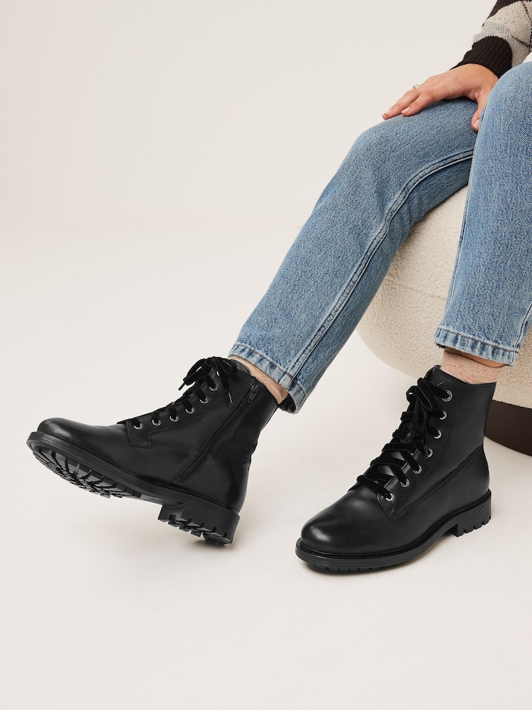Black Extra Wide Fit Leather Chunky Lace Up Boots - Image 1 of 6 Black Extra Wide Fit Leather Chunky Lace Up Boots - Image 1 of 6