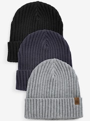 Navy Blue/Grey 3 Pack Knitted Ribbed Beanie Hats (1-16yrs) - Image 1 of 5