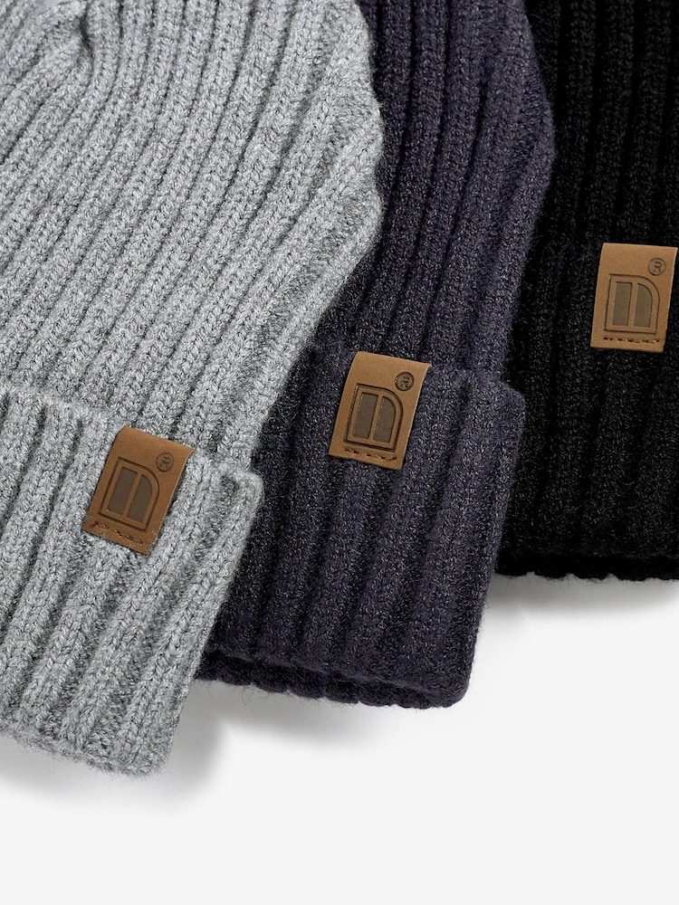 Navy Blue/Grey 3 Pack Knitted Ribbed Beanie Hats (1-16yrs) - Image 5 of 5