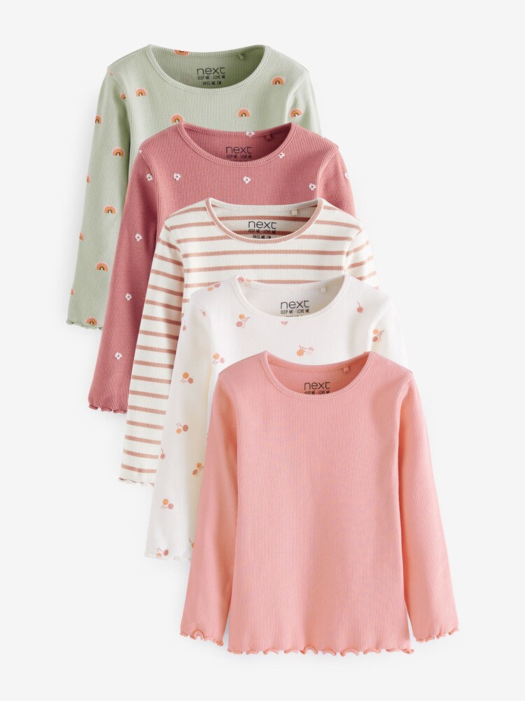 Pink Ditsy 5 Pack Long Sleeve Rib Jersey Tops (3mths-7yrs) - Image 1 of 6