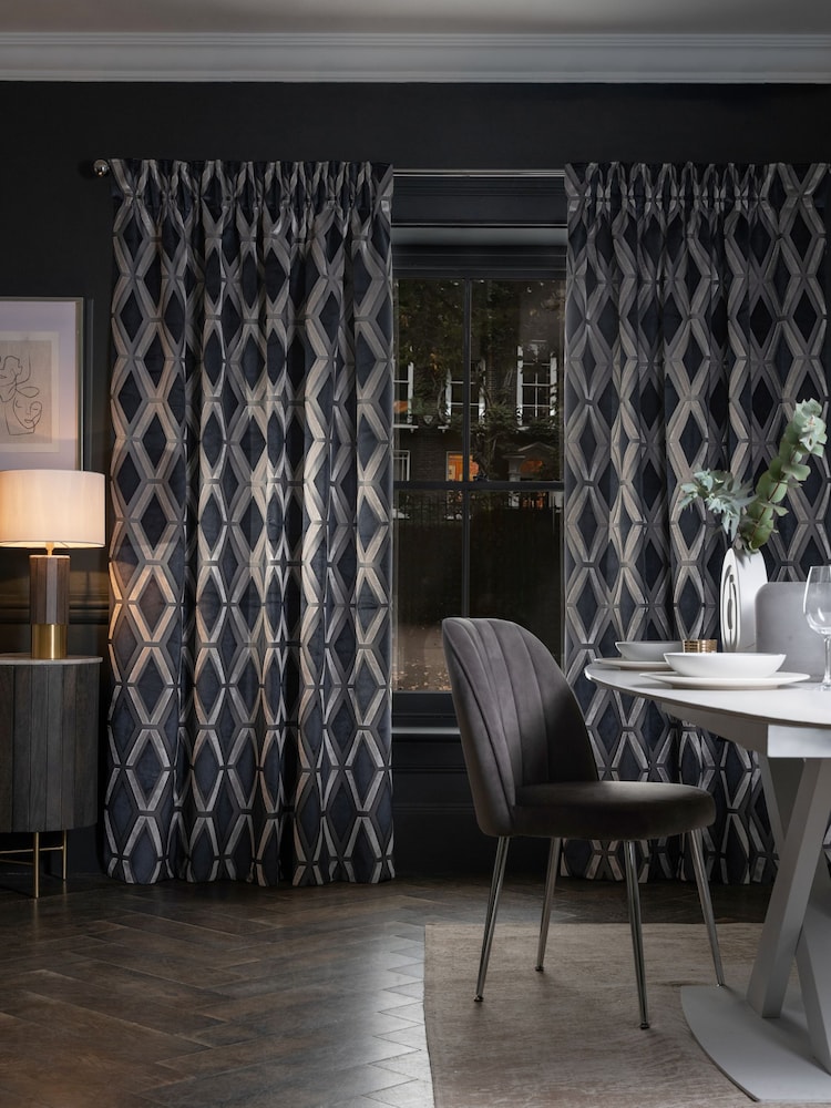 Navy Blue Next Collection Luxe Heavyweight Geometric Cut Velvet Pencil Pleat Lined Curtains - Image 2 of 5