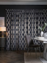 Navy Blue Next Collection Luxe Heavyweight Geometric Cut Velvet Pencil Pleat Lined Curtains - Image 3 of 5