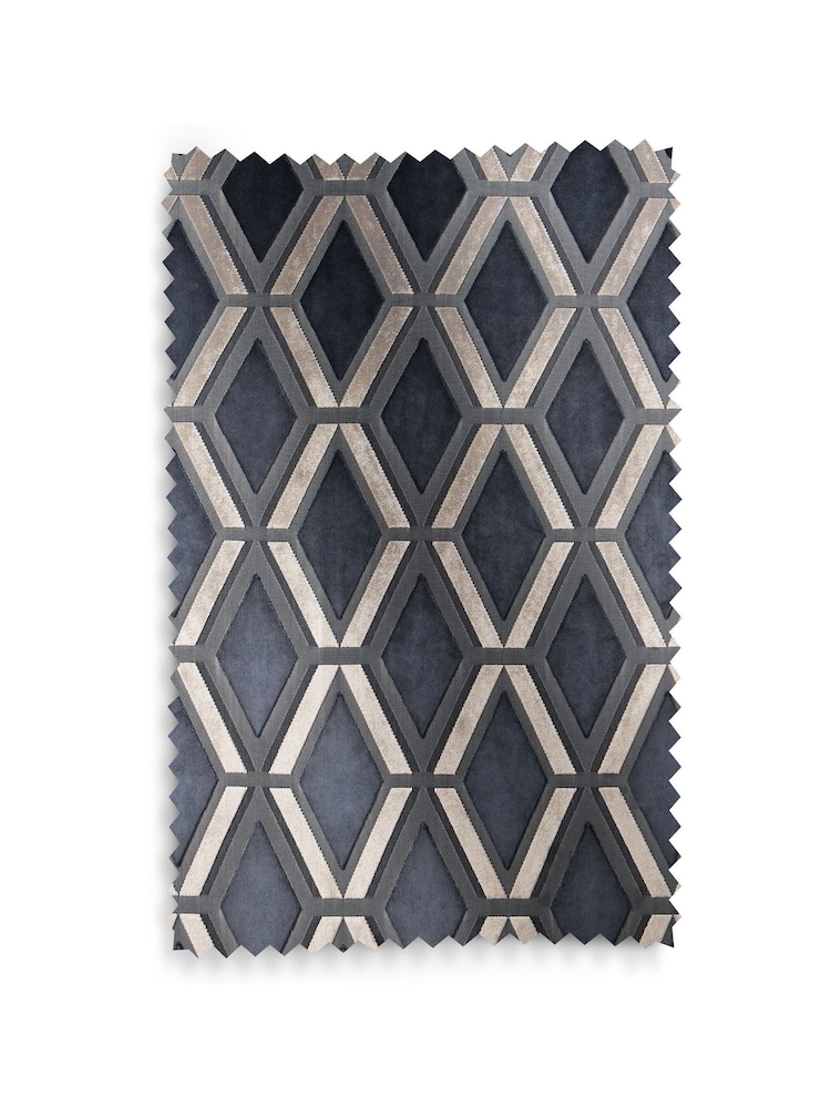 Navy Blue Next Collection Luxe Heavyweight Geometric Cut Velvet Pencil Pleat Lined Curtains - Image 5 of 5