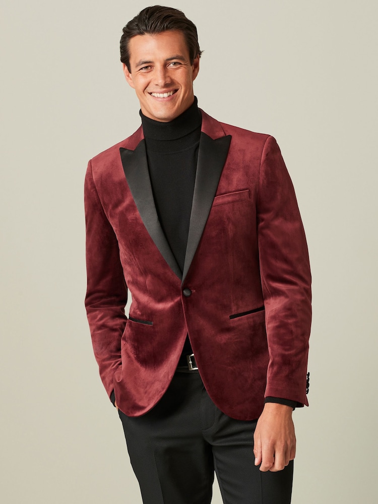 Burgunderrot - Slim Fit - Samt-Blazer - Bild 1 von 11